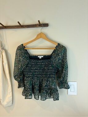American Eagle Smocked Babydoll Top Small Green Square Neck